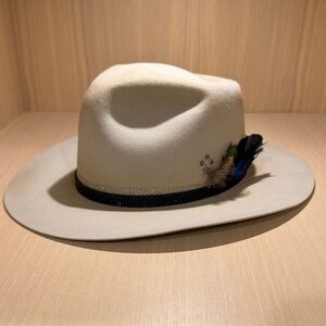Cream Wide-Brim Fedora Hat with Feather Trim